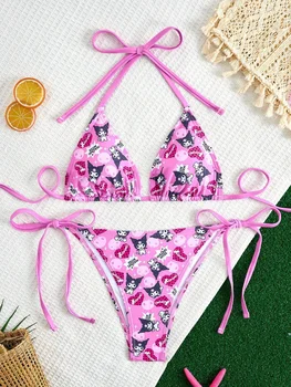 Y2K Kuromi Print Tie Side Bikini Set Women Pink Cute Two Piece Swimsuit Harajuku Style Beach Bathing Suit 1