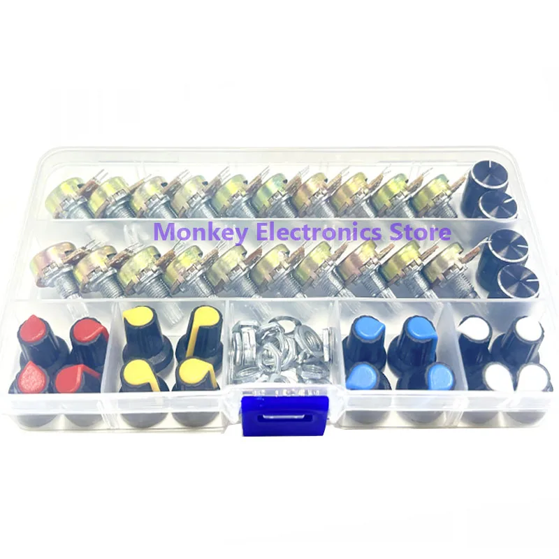 Potentiometers adjustable resistor multiturn potentiometer linear potentiometer rotary potentiometer potentiometer knobs potentiometer kit trimmer potentiometer WH148 Single 3pines 40PCS Kit box switch 15MM potenciometro B5K 10K 20K 50K 100K With 20PCS Knobs Set Shaft Nut