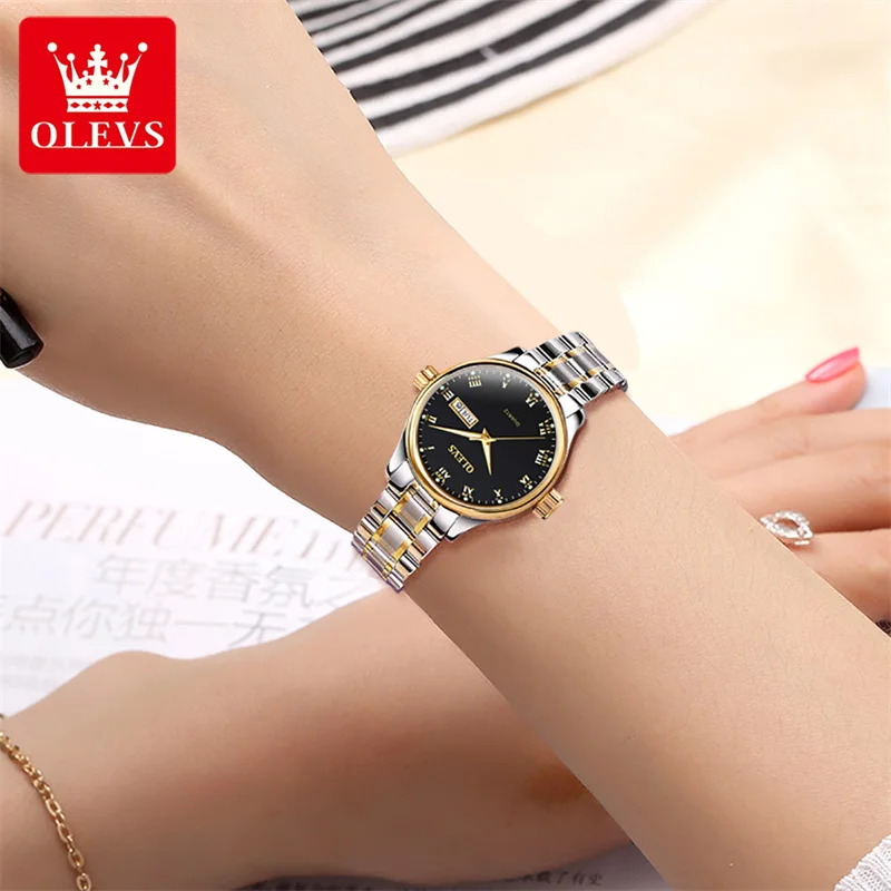 OLEVS Fashion Womens Watches Top Brand Luxury Stainless Steel Waterproof Week Calendar Quartz Watch for Women Relogio Feminino