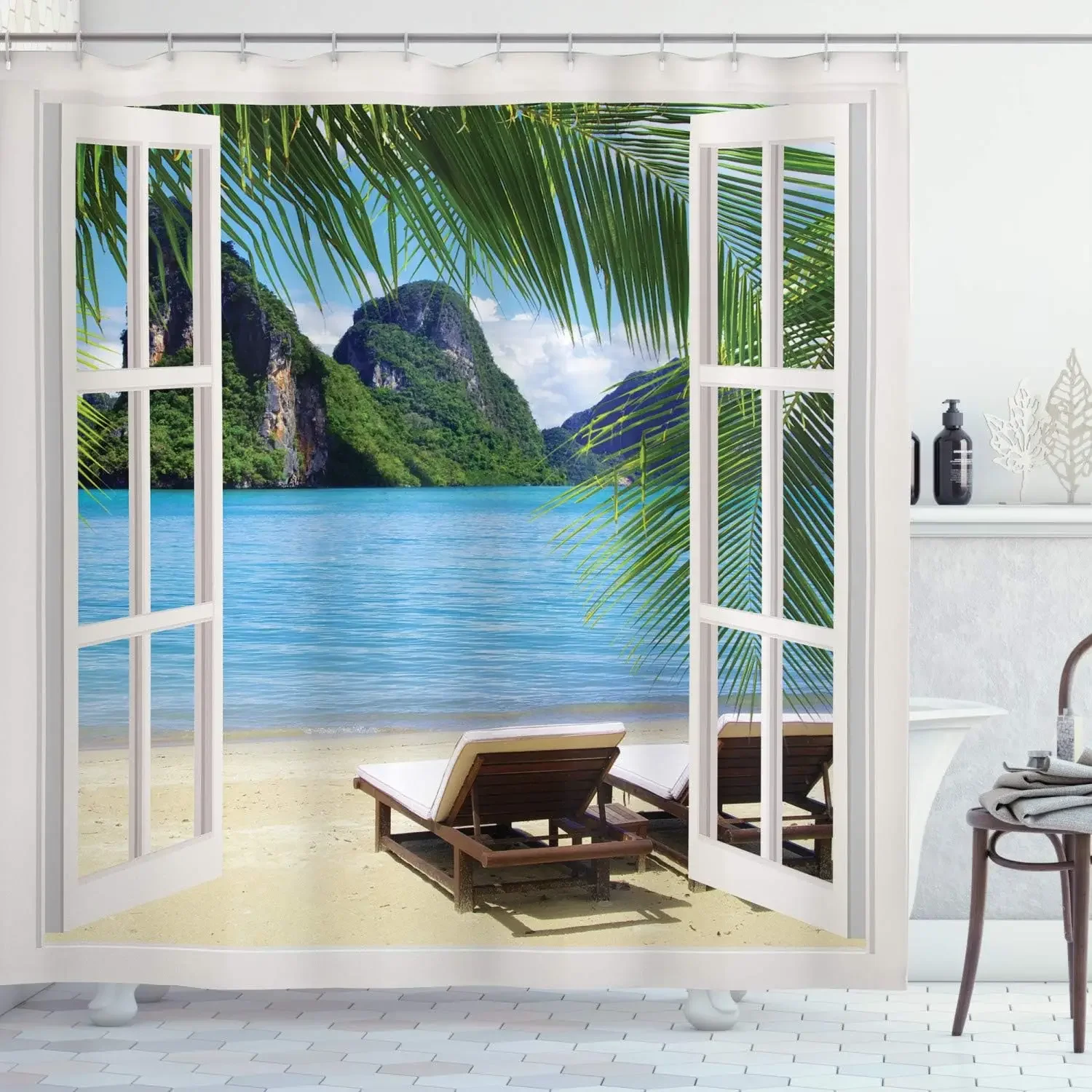 thumbnail image 1 of Cortina de ducha con diseño de océano, playa, palmeras tropicales, tortuga marina, gato, vela, flamencos, concha de coral, juego de cortina de ducha para decoración de baño, 1 of 4