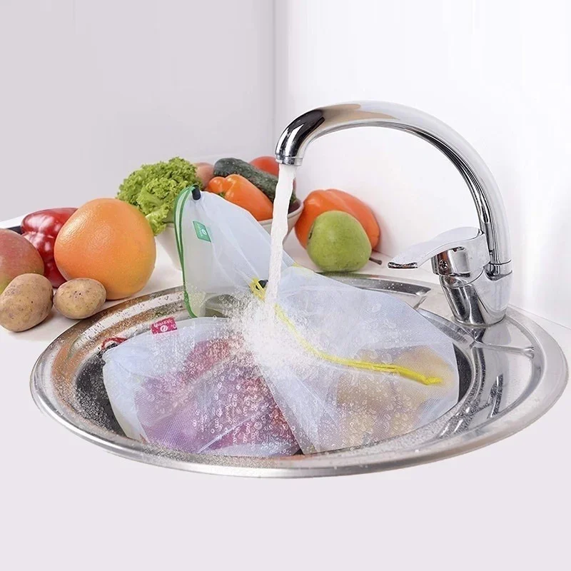 5pcs Reusable Storage Bags Washable Fruit Vegetable Mesh Bags Storage Net Bag Grocery Bags Produce Storage Bags Plastic Ziplock Bags Kitchen Food Organizer Home Toys Grocery Storage Packaging Pouch