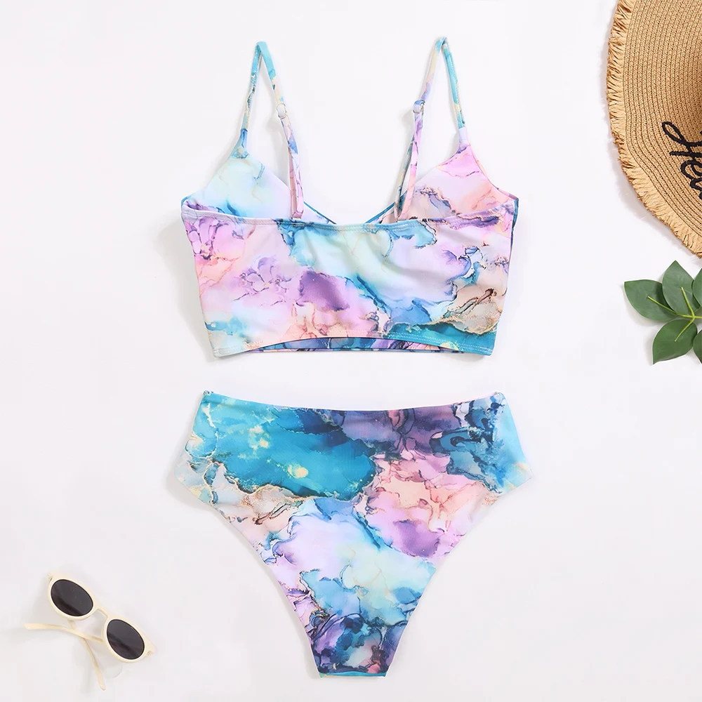 Swimsuit 2022 New Summer Sexy Tie Dye Womens Bikini Two Pieces Print Swimwear Girl Female Beach Bathing Beach Ladies Suit