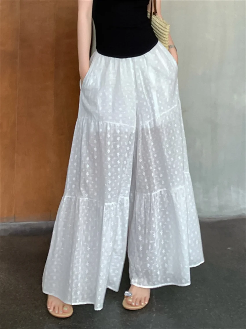 

Alien Kitty Wide-Legged Maxi Skirts Sweet Women Loose 2023 OL High Street Casual Daily Summer Work Wear Embroidery Flowers