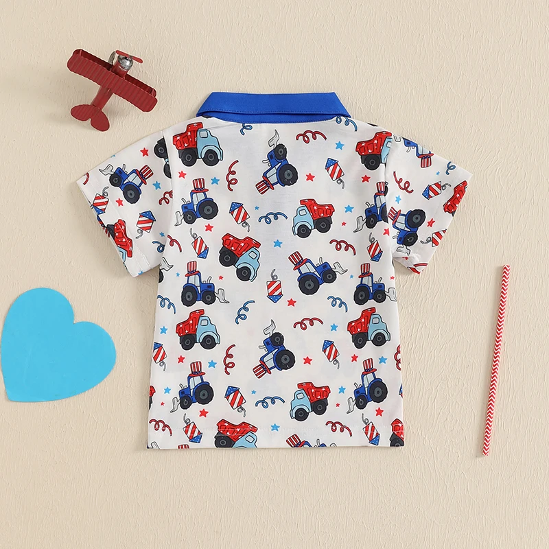 Toddler Boy 4th of July Shirts Truck Star Print Half Button-up Lapel Neck Short Sleeve Tops Casual Summer Clothes