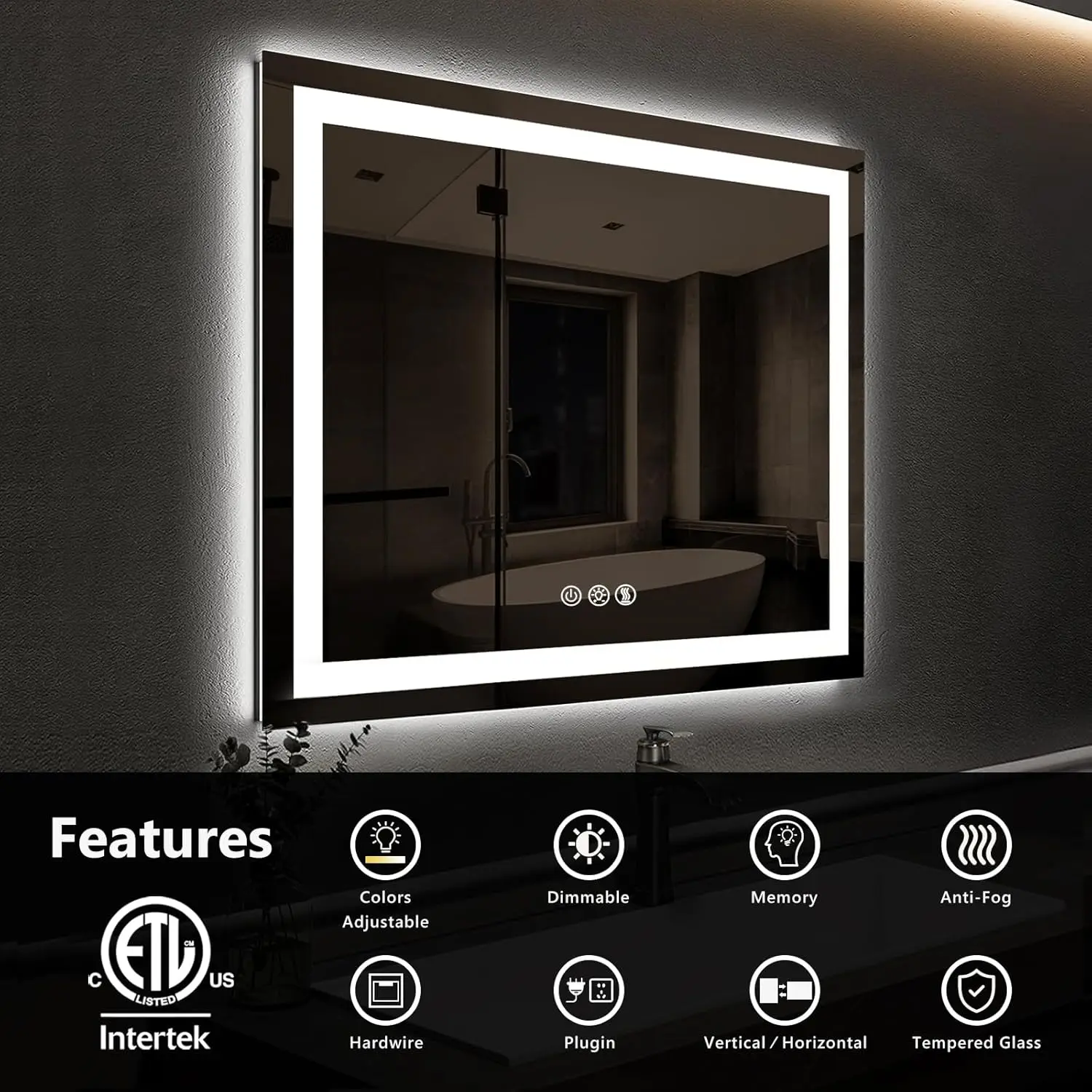 30 * 30 Inch Led Bathroom Mirror with Lights,Smart Dimmable Vanity Mirrors for Wall,Anti-Fog Backlit Lighted Makeup Mirror