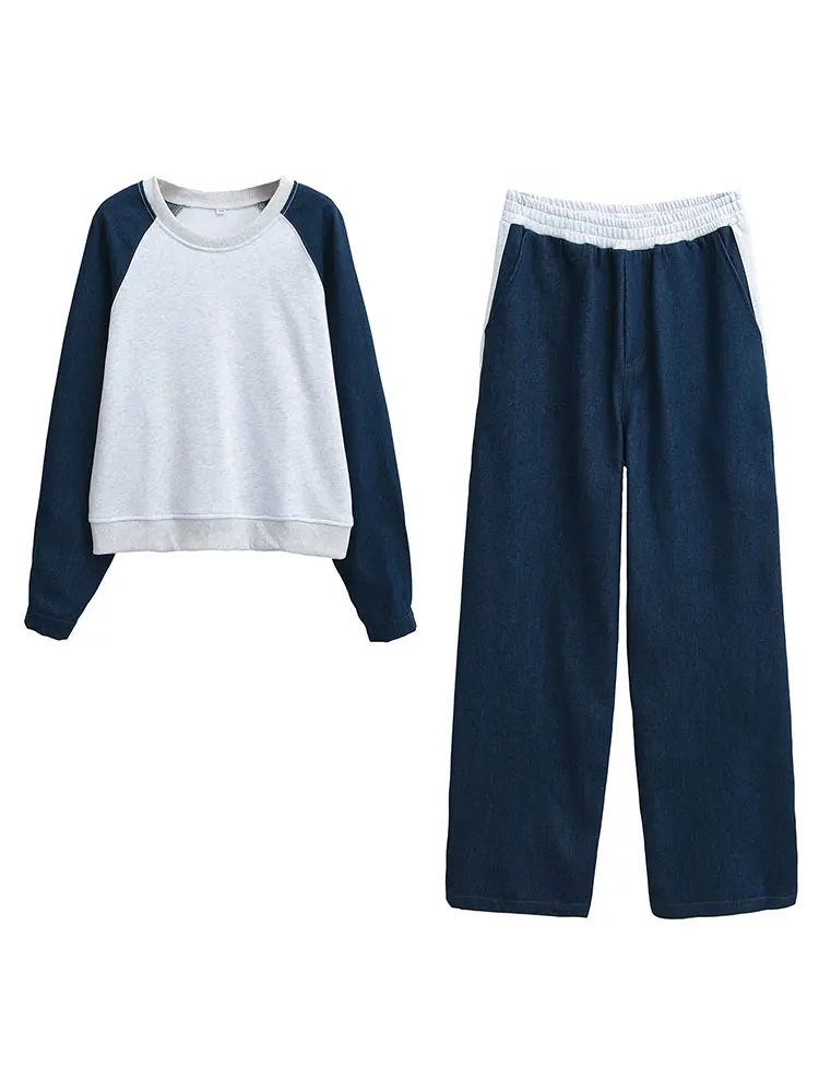 HH Women Denim Patchwork Coat Pants Suits O Neck Long Sleeve Pullover Sweatshirts Elastic Waist Trousers Autumn Office Lady Sets