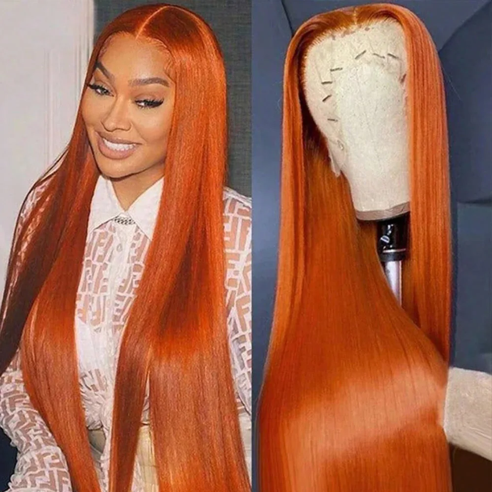 30 Inch Ginger Orange 350 13x4 Lace Front Wigs Human Hair Straight Ginger Wig HD Transparent Lace Frontal Wigs 250% Density