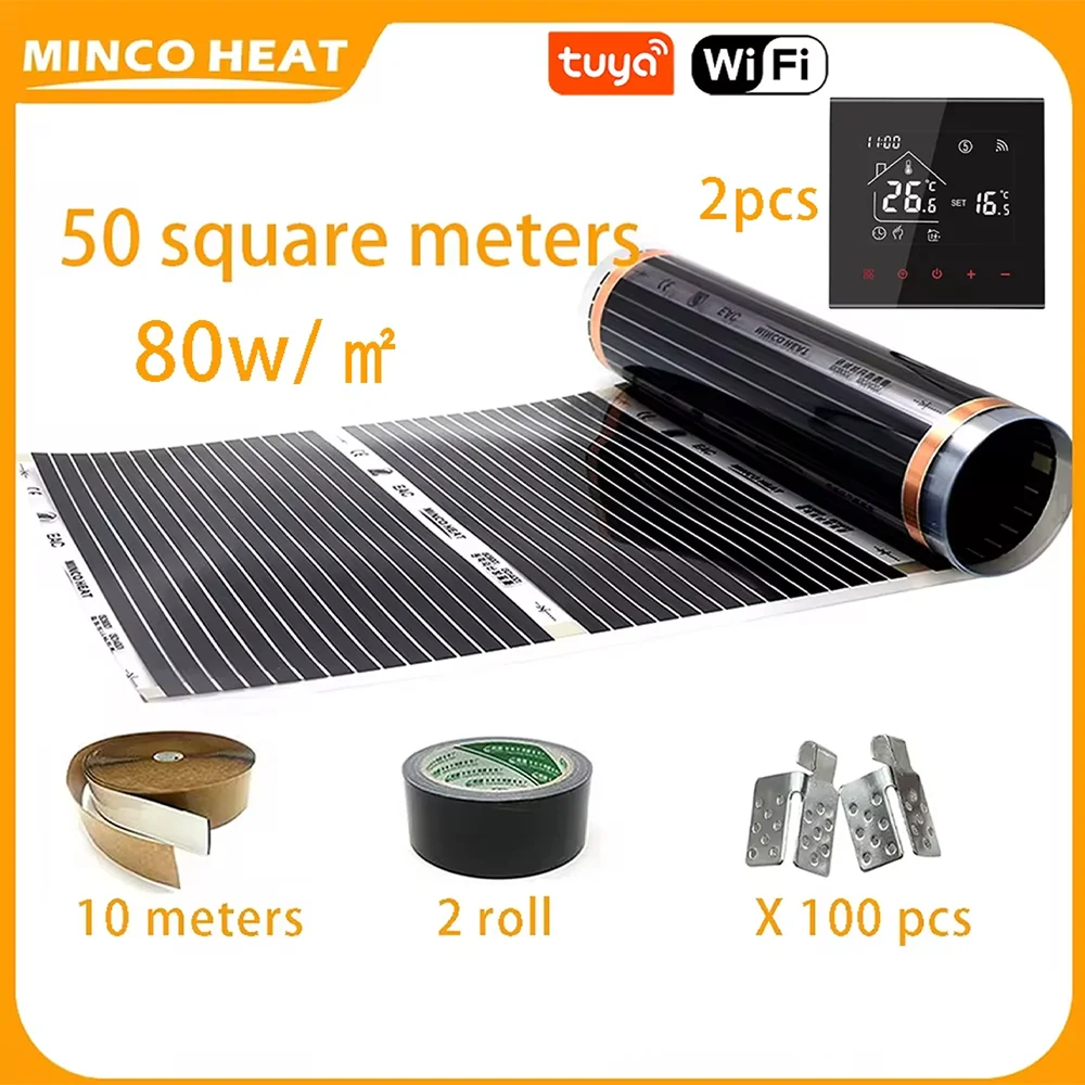 Minco Heat อินฟราเรดประหยัดพลังงานเครื่องทําความร้อนใต้พื้น 50 ㎡   ชุดฟิล์มทําความร้อน 80w/m2 พร้อมเทอร์โมสตัททําความร้อนใต้พื้น 1