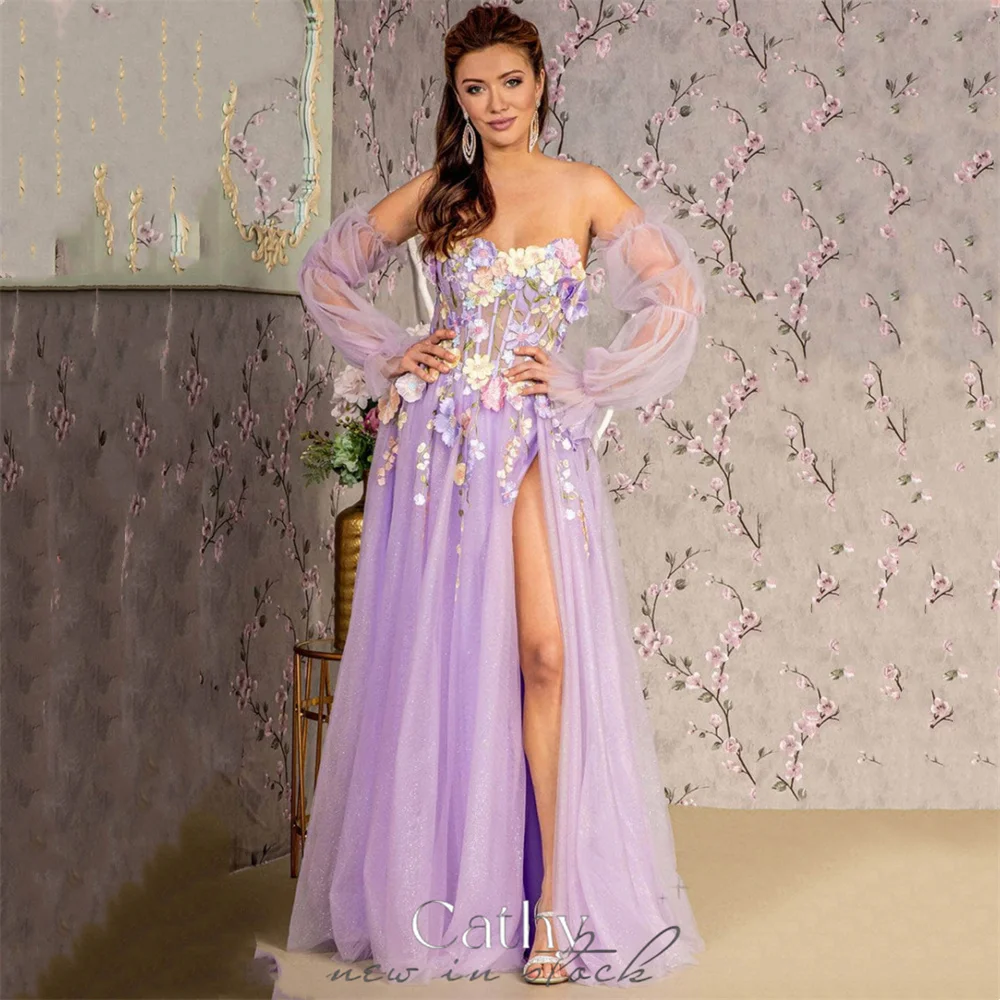 

Cathy Lavender Lace Embroidery Tulle Prom Dress Lace-up Back A-line vestidos par boda Elegant Puffy Sleeves Wedding Dress 2024