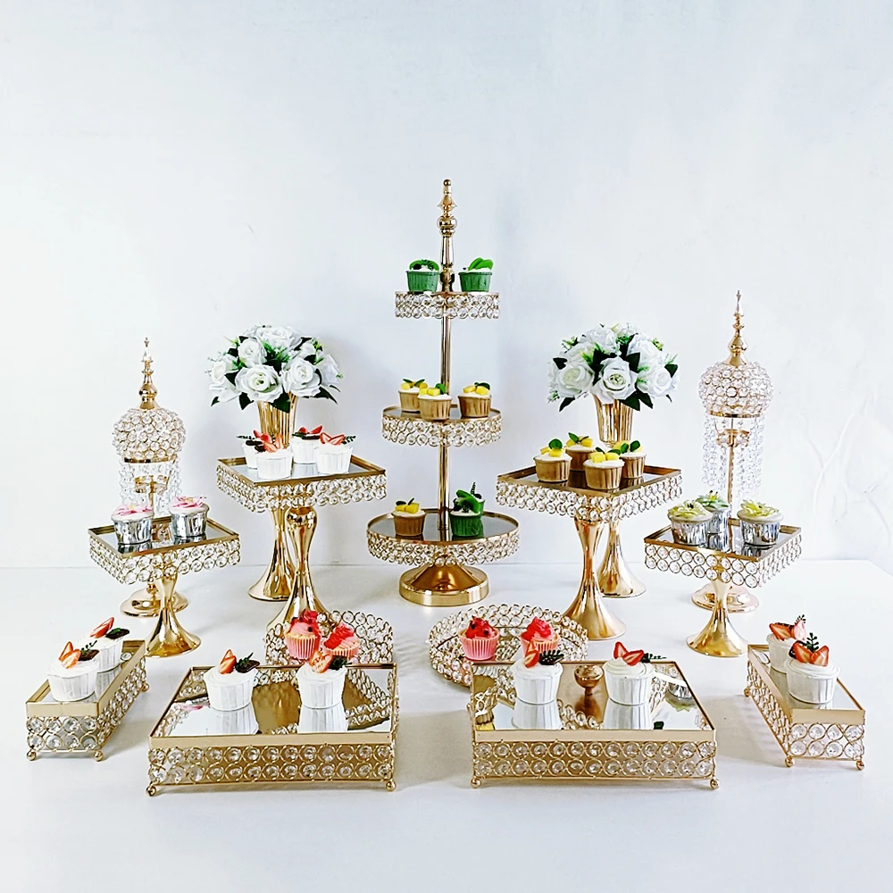 Square Gold Crystal Cake Stand 4Pcs- 17pcs/lot Perfect Wedding Birthday Baby Shower Party Crystal Footed Cake Plate Platter