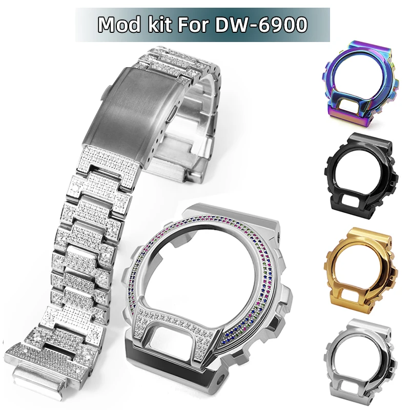 CASIO G-SHOCK DW-6900 シルバー メタルカスタム MOD ‌Stainless Steel case Bracelet DW6900 Mod Kit bezel band
