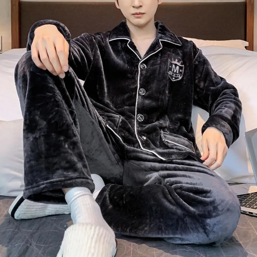 Men Winter Pajamas Set Lapel Thicken Plush Warm Flannel Pajama Set Warm Flannel Two-piece Homewear Men Pajamas Home Loungewear