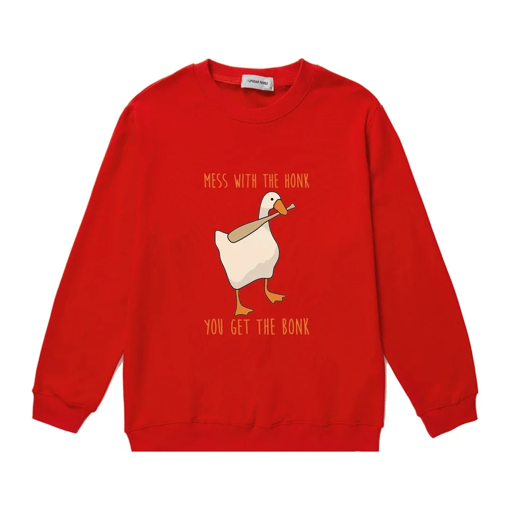 Mess with The Honk You Get The Bonk Print Crew Neck Sweatshirt Men Women Funny Cute Duck Fall Fleece Pullover Black Warm Sweater