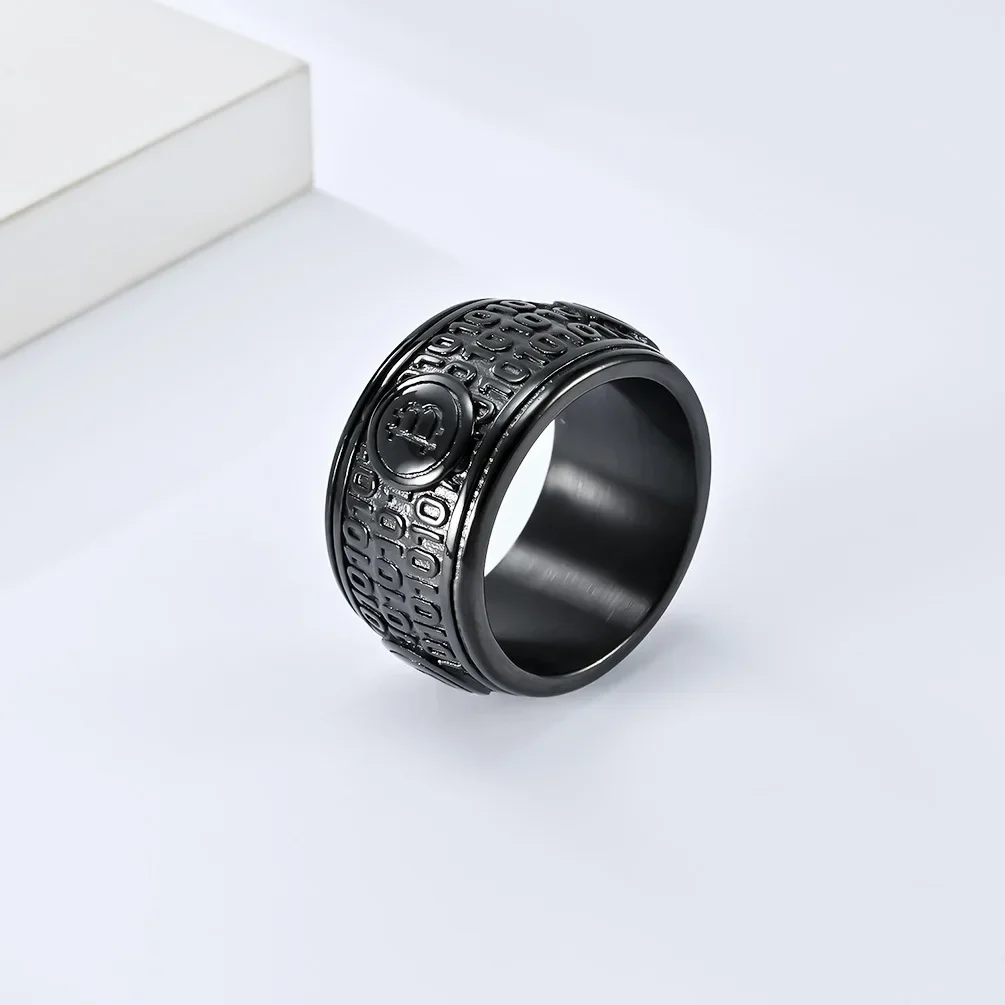 Large Big Stainless Steel Statement Bitcoin Silver Black Gold Plated Ring Hip Hop Jewelry for Men 6