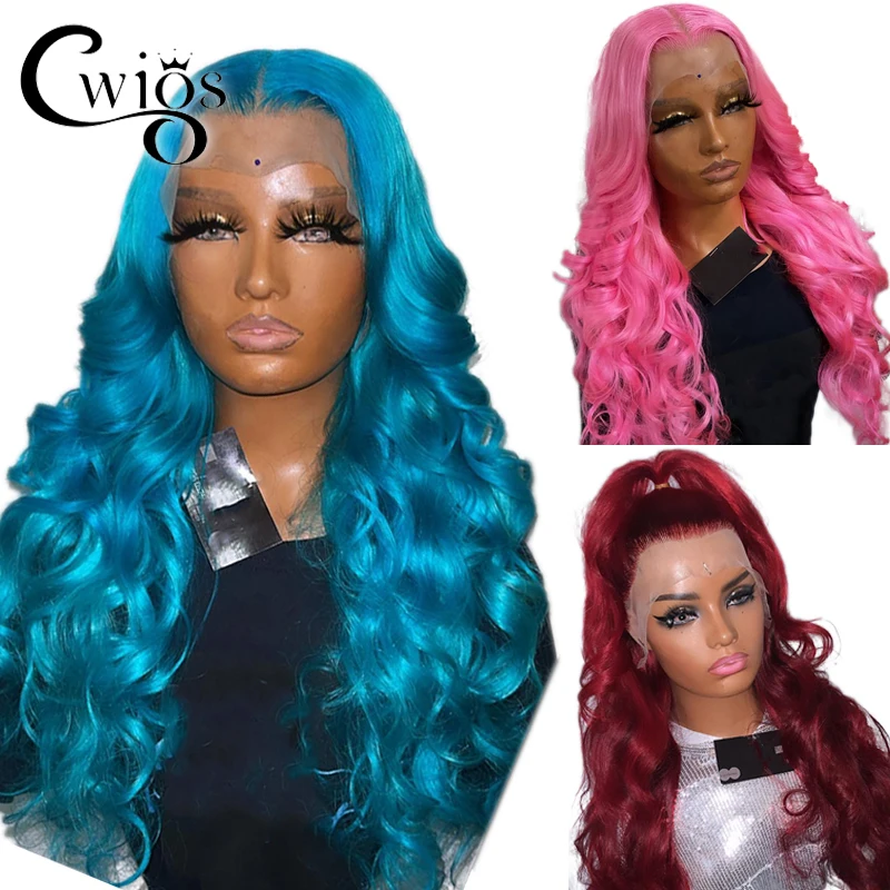 

Loose Wave Pink Blue 99J Red Burgundy Color Synthetic Glueless Transparent 13X4 Lace Front Wig For Black Women Cosplay Party