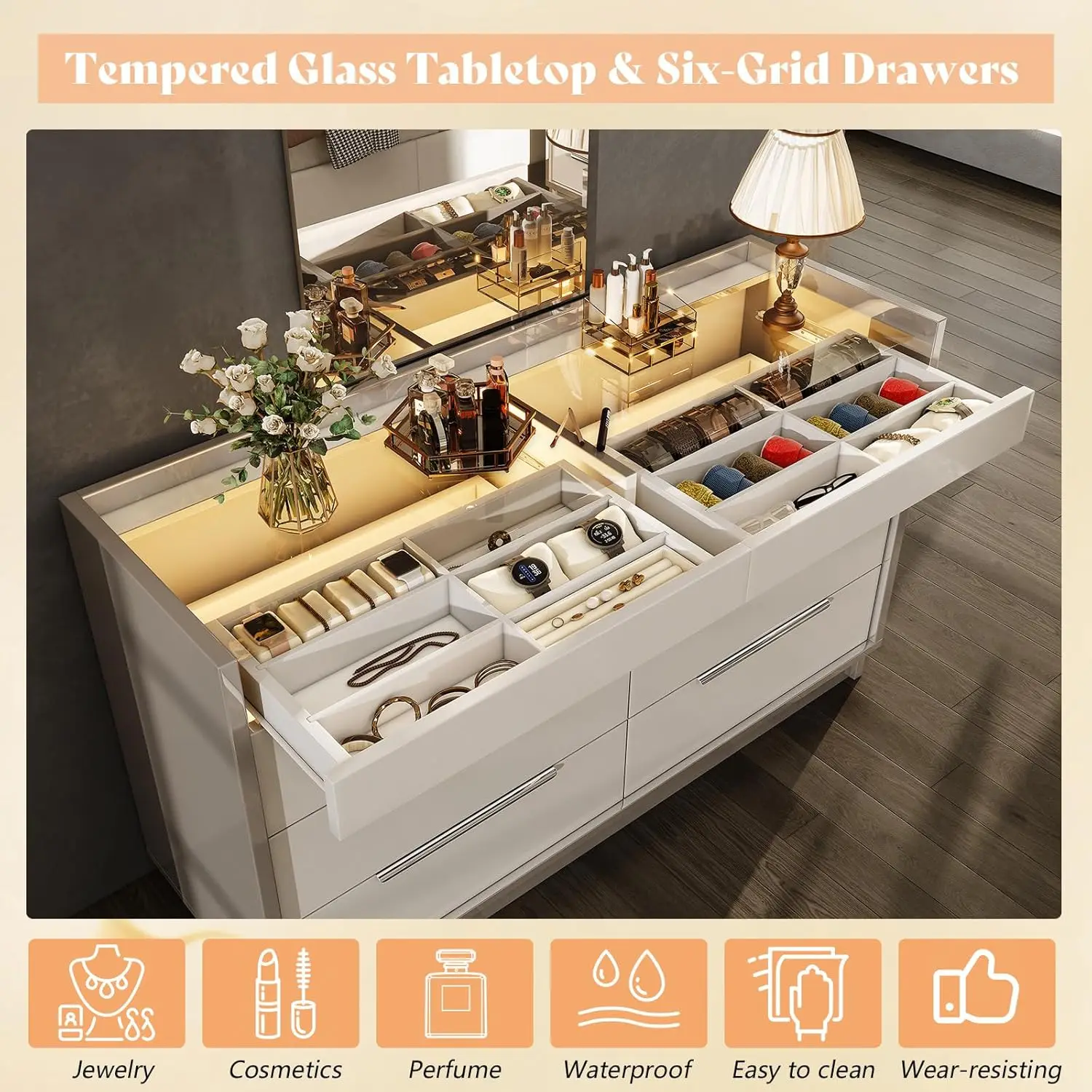 XMSJ 8 Drawer Dresser with LED Light and Glass Top - top view