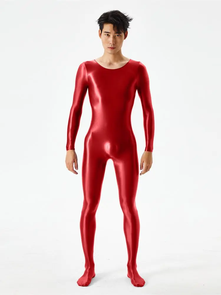 Sexy Oil Shiny Smooth Jumpsuit High Elastic Unisex Full Body Bodysuit O Neck Long Sleeve Tights Shapewear Elegant Club Costumes cosplay costume
