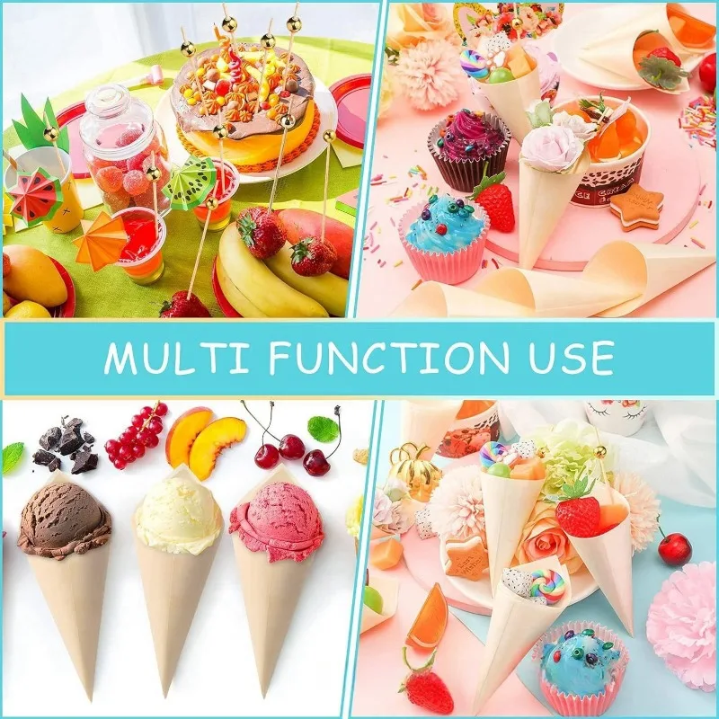 50/100pcs Disposable Wood Appetizer Cones with Fruit Skewer Biodegradable Cone Veneer Roll Ice Cream Cone Packaging Container