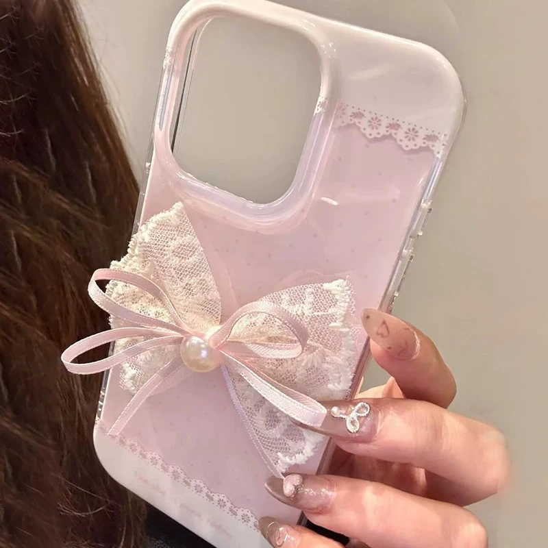 Painted Pink Polka Dot Lace Phone Case with 3D Bow Embellishment
