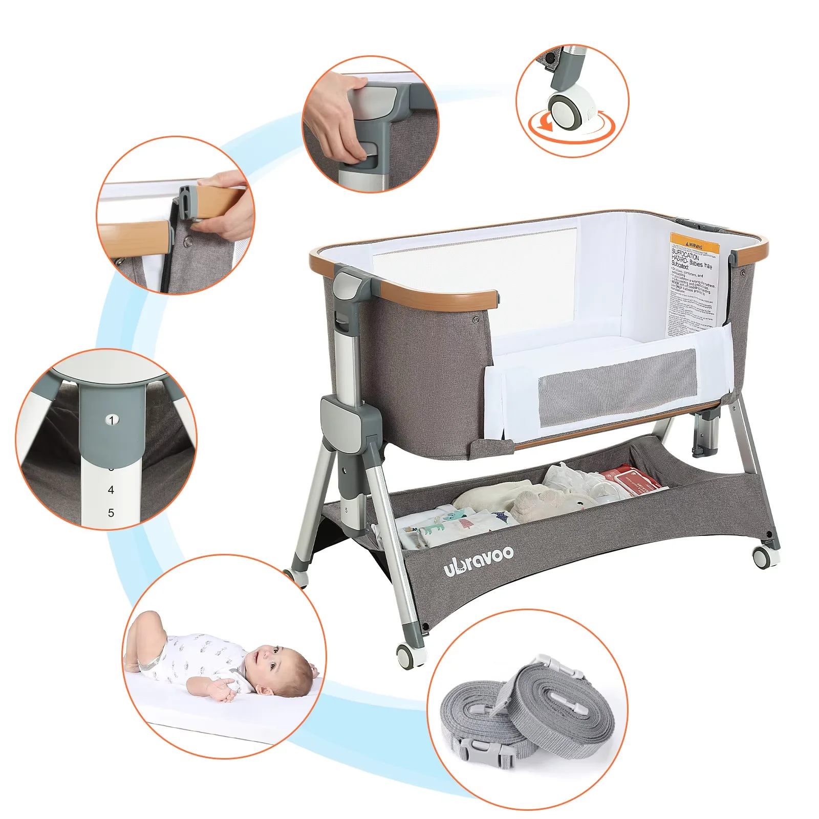 Ubravoo Foldable Baby Bedside Crib - Portable Adjustable Bassinet for Newborn Infants (Girls & Boys), Gray Sdda72b9801f94f00a5a0d8cd4218fbe4M