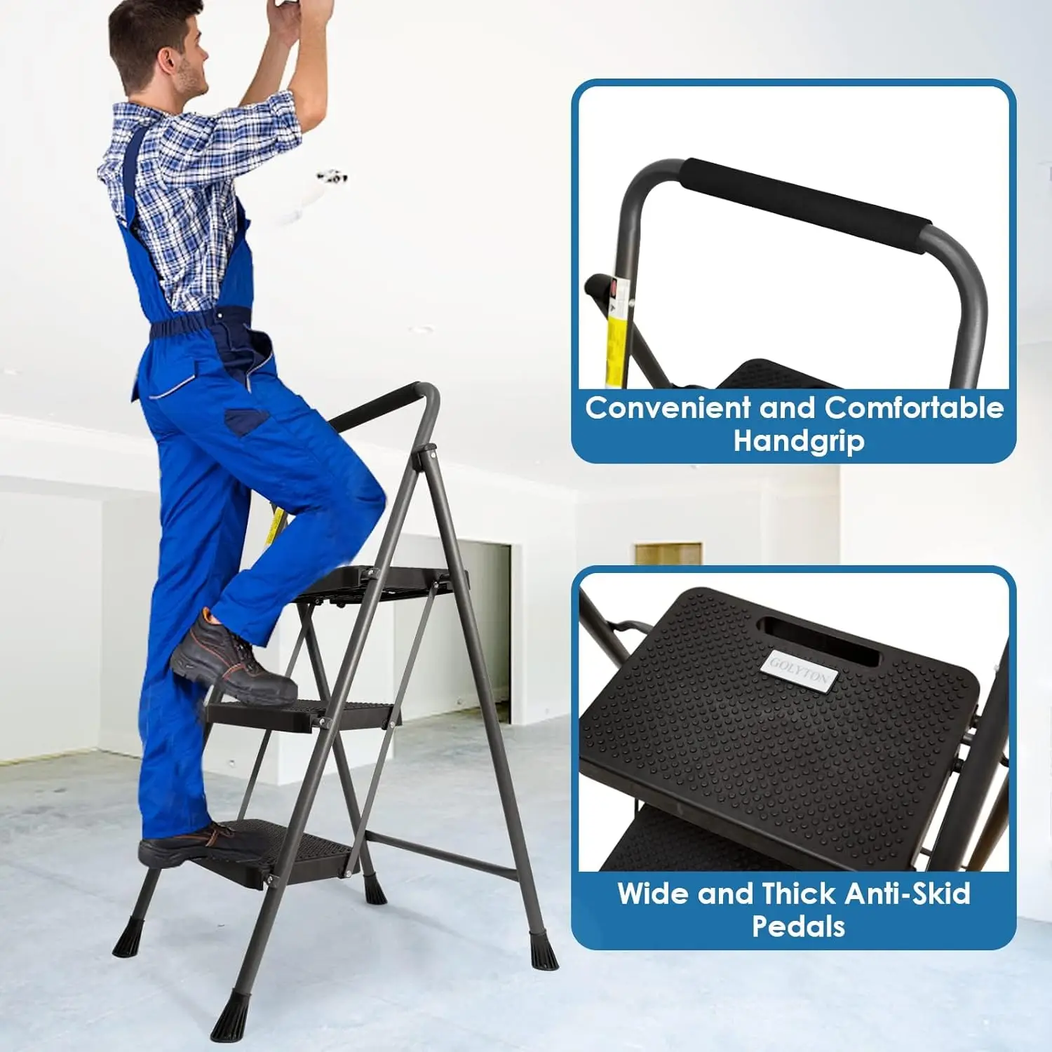 3 Step Ladder, GOLYTON Folding Step Stool with Anti-Slip Wide Pedal & Convenient Handgrip