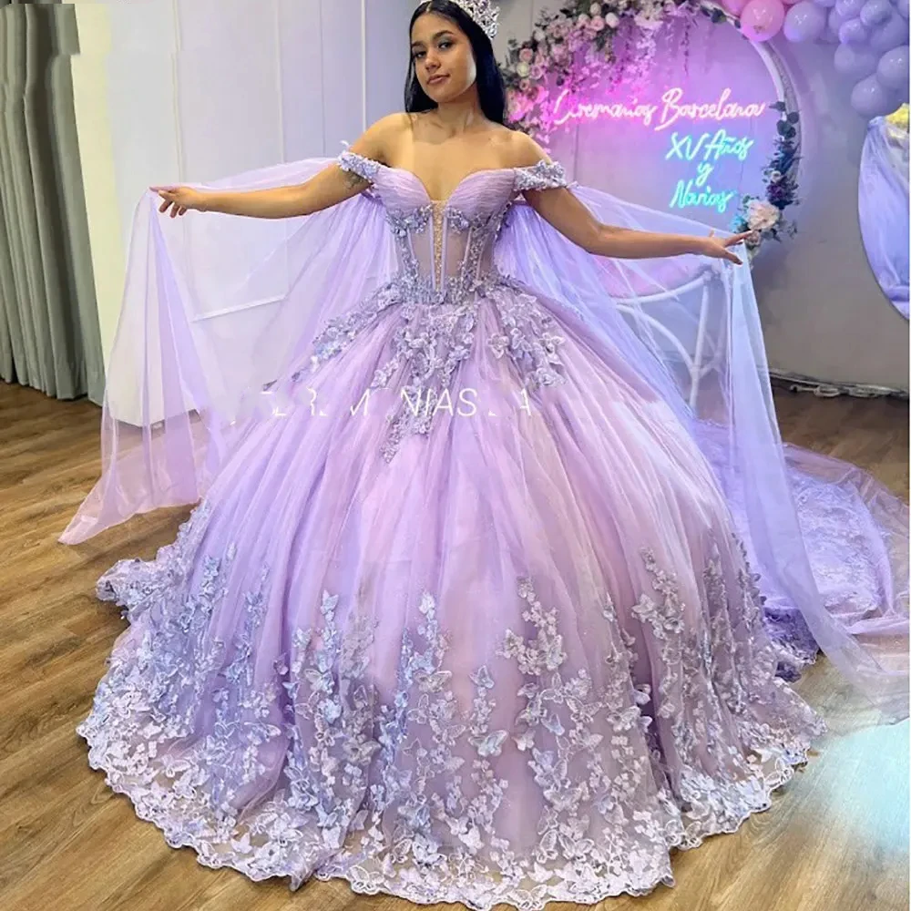 

2024 Lilac Illuison 3D Butterfly Quinceanera Dresses With Cape Appliques Lace Up Back Sweet 15 Vestidos De 15 Años Ball Gowns