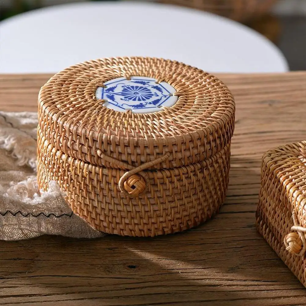 

Плетеная вручную коробка для хранения из ротанга с крышкой, настольный органайзер для чая, домашних закусок, ювелирных изделий, корзина, контейнер для хранения еды, контейнер для хранения A3F9