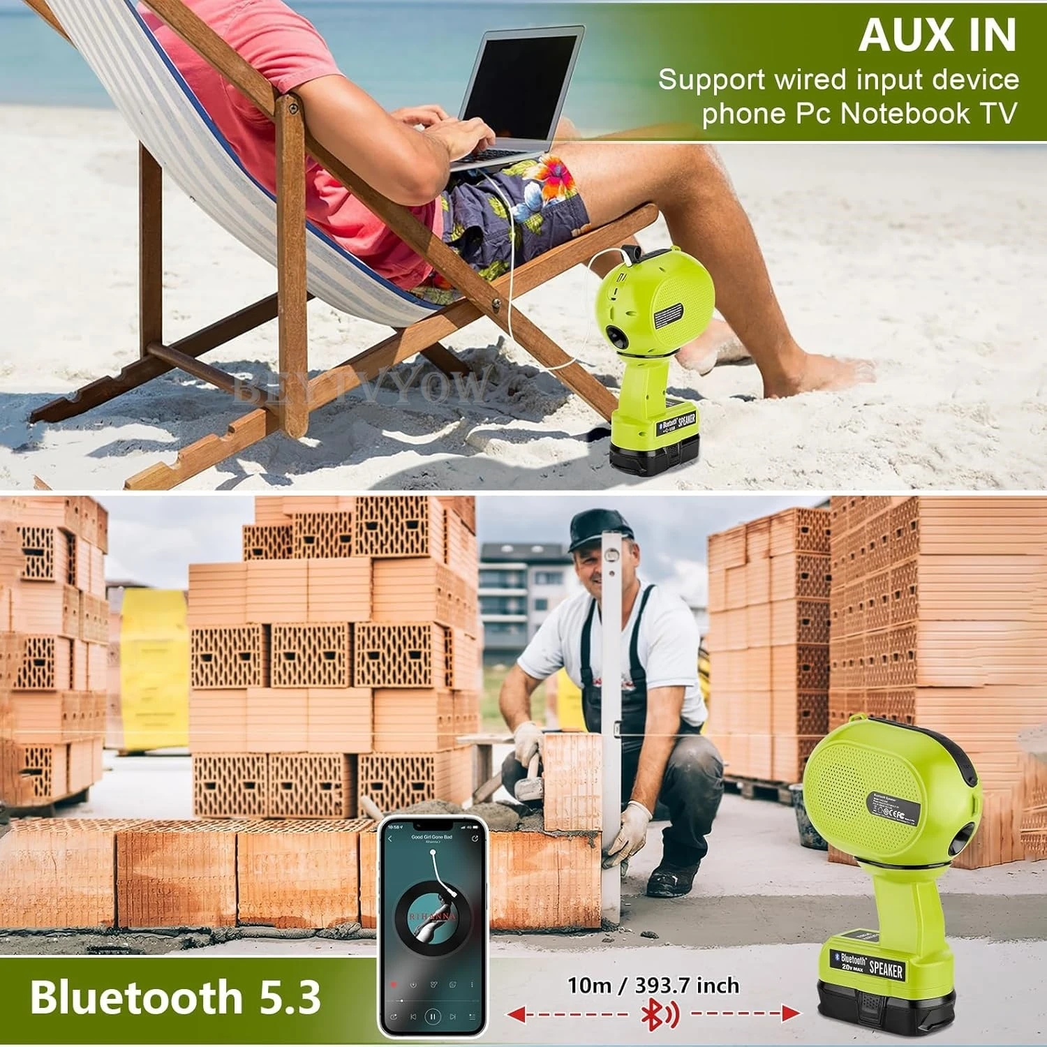 Cordless Bluetooth Speaker Compatible with Ryobi 18V Battery with LED Light USB-