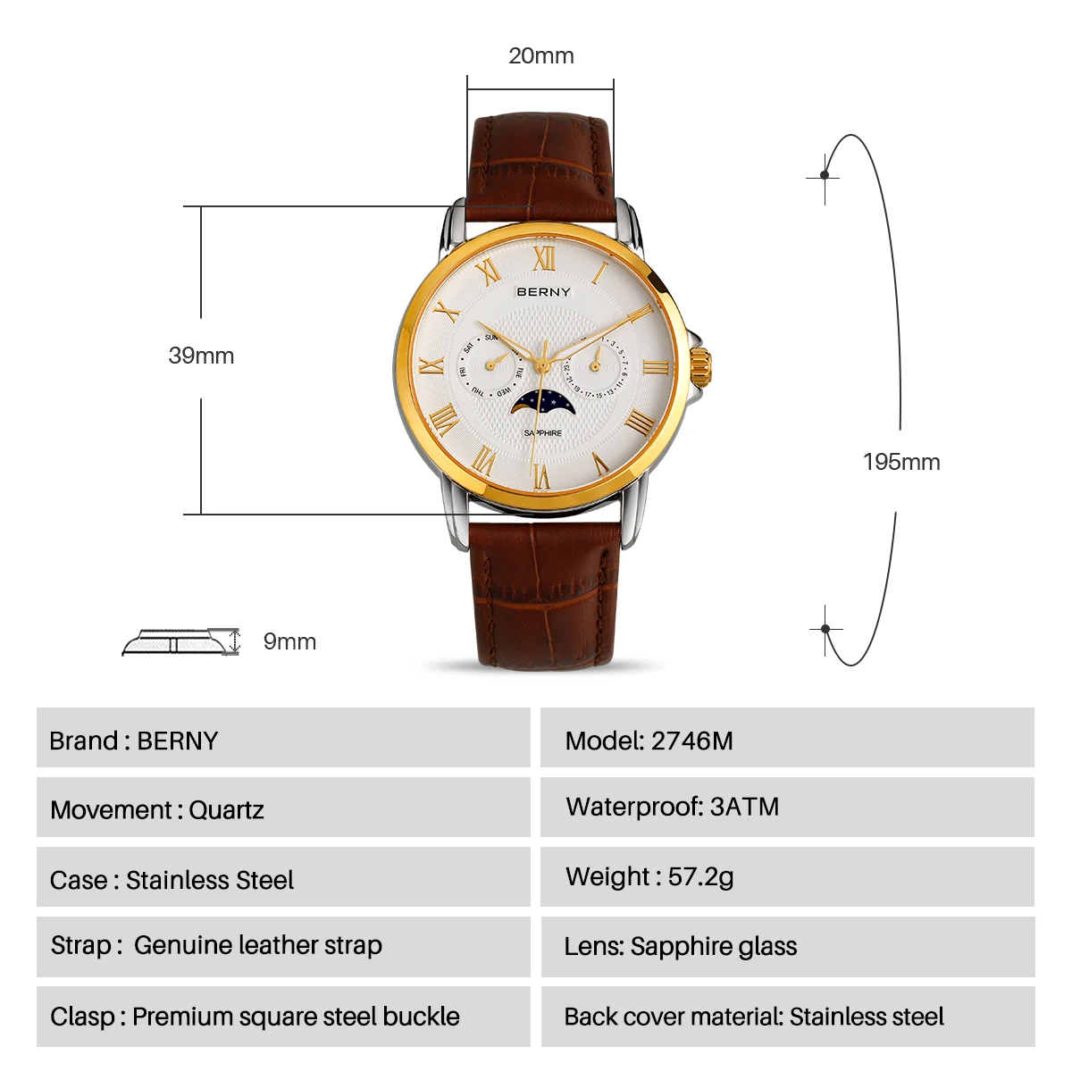 Orologio Da Uomo Classico Cronografo Al Quarzo, Cinturino In Pelle Morbida, Cassa In Acciaio Inox, Quadrante Analogico Con Data, Impermeabile 3 ATM, Regalo Uomo - copertina