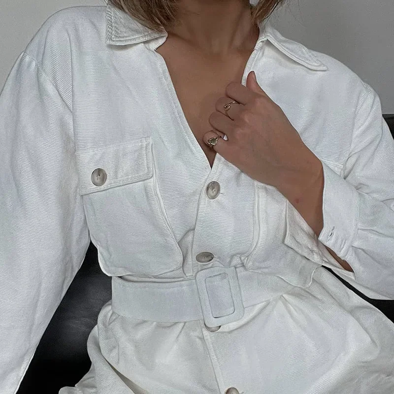 Autumn and Winter Ladies 2024 Chic Lapel Jacket with Belt Solid Color Long-sleeved Pocket Coat Lapel Elegant Shirt Jacket Women