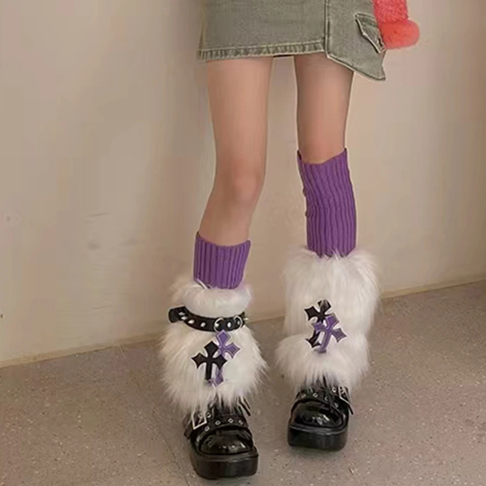Furry Leg Warmers Set Y2k Goth Pink Faux Fur Cross Leg