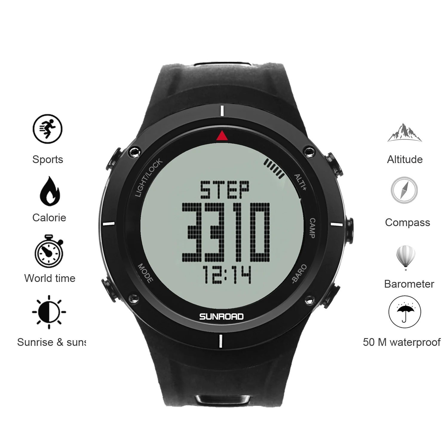 

SUNROAD2023 New Sports Men Digital Watch Barometer Altimeter Watch Pedometer Waterproof Calorie Casual Fashion Stopwatch