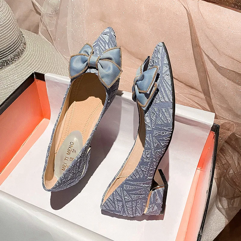 Luxury Brand Heel Shoes Women Pumps 2022 New Fashion Butterfly-knot Square Heel Pointed Toe Plus Size 41 Lady Shoes Women