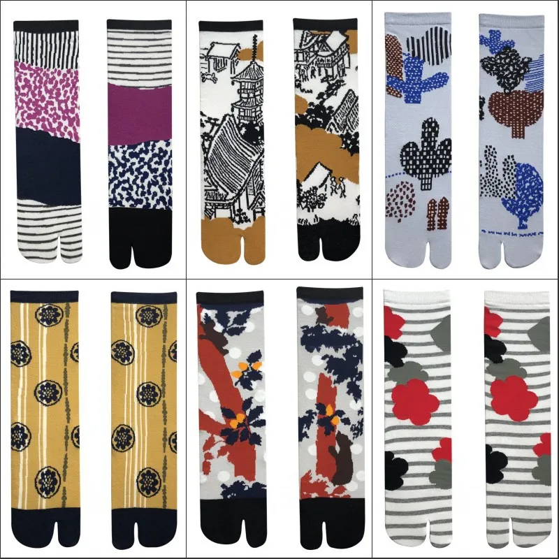 

Women Colorful Jacquard Two-Toed Socks Combed Cotton Soft Breathable Split Toe Socks Funny Chic Plants Leopard Striped Tabi Sock