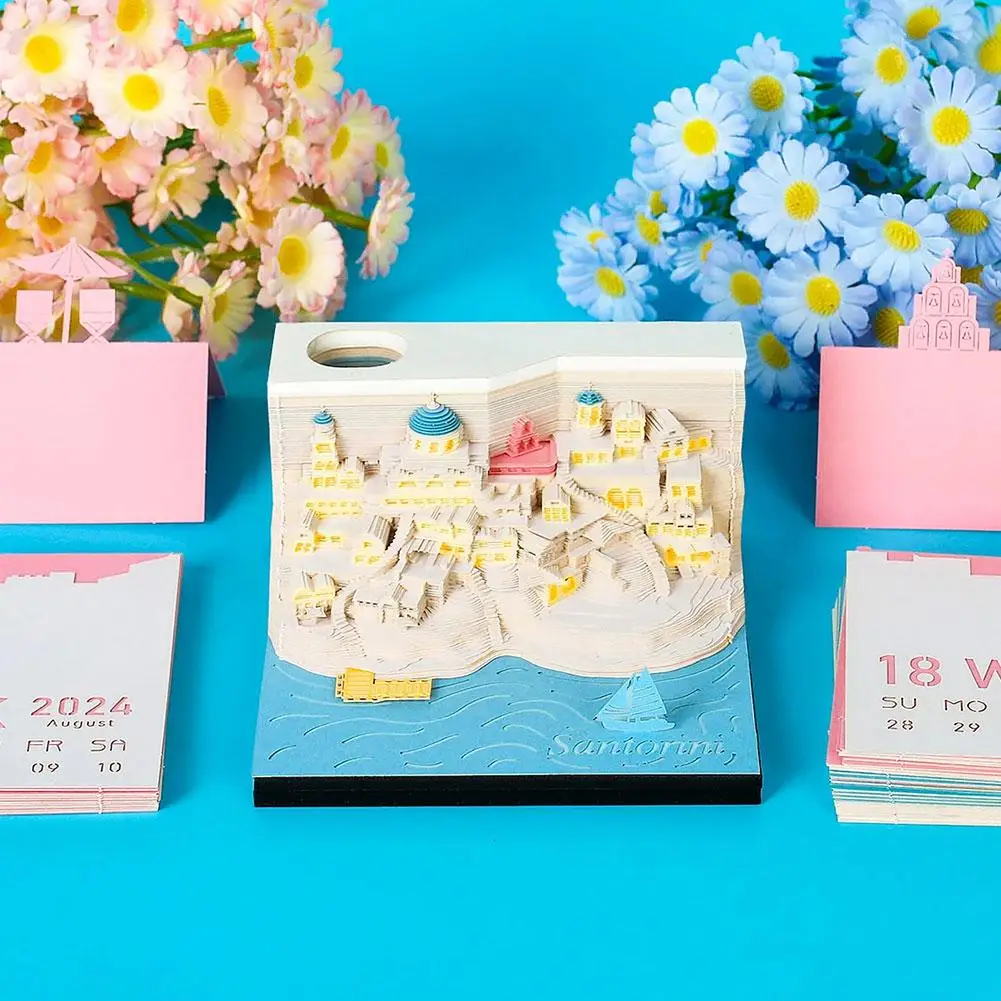 3D 메모장 2024 달력 메모 2024, 산토리니 3D 메모장 블록, Led 노트 종이 아트 책상 달력 선물, 1 개