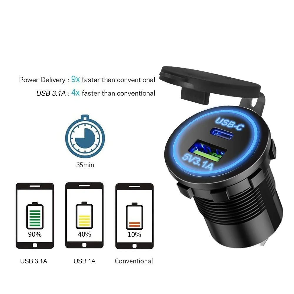 High-Power Waterproof USB Charger Socket with PD Type C & QC3.0 Ports