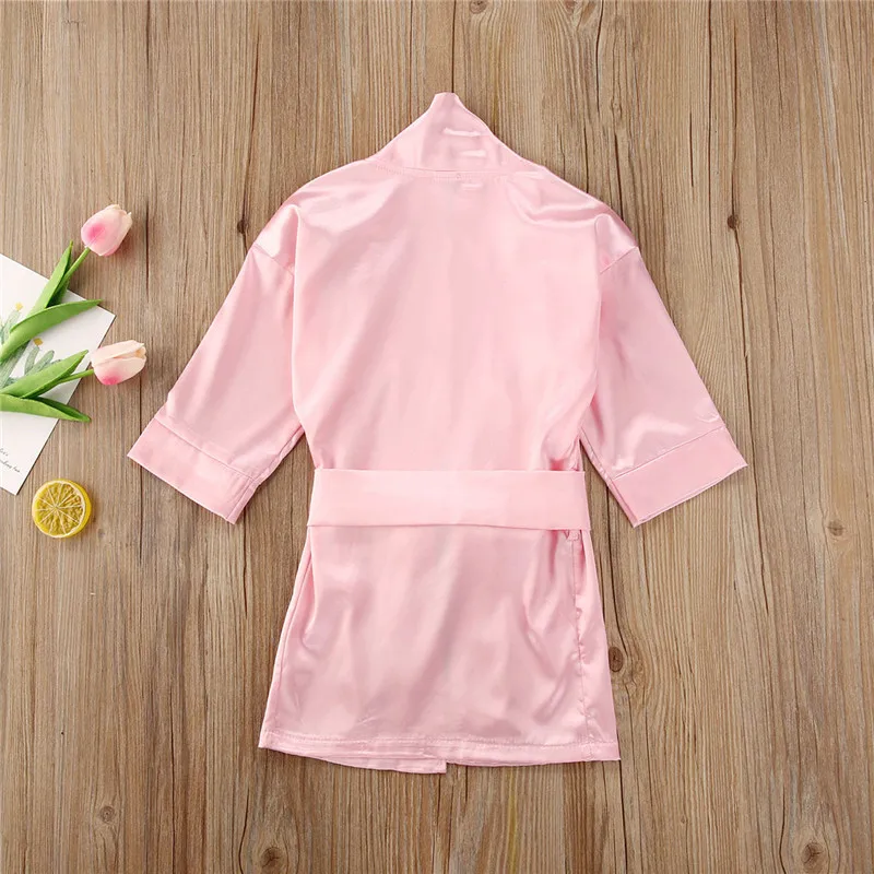 1-5years Infant Girl Solid Color Pajamas Silk Satin Gown Sleepwear Plain Kimono Robes Toddler Kids Girls Nightwear