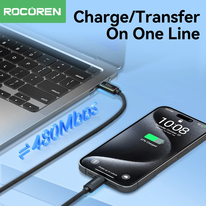 Rocoren 100W USB C-유형 C PD 케이블 5A 삼성 S23 Ultra MacBook iPad Pro USB-C 빠른 충전 3.0 와이어 용 고속 충전 케이블
