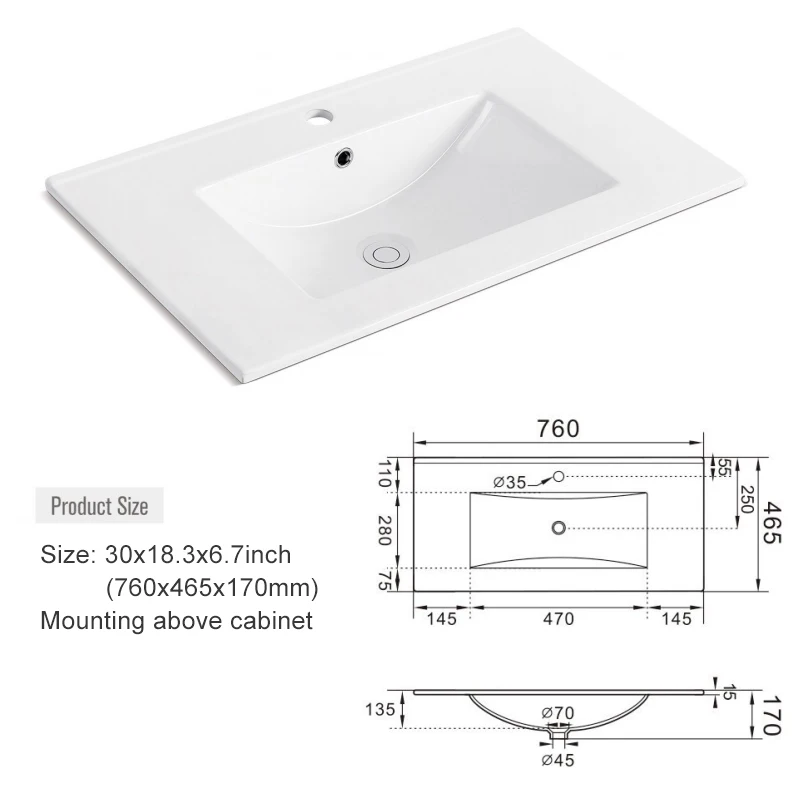 1pc 30inch Porcelain Ceramic Vanity Sink Top, Surface Bathroom Vessel Sink Basin with Single Faucet Hole, Rectangular, Glossy W 6