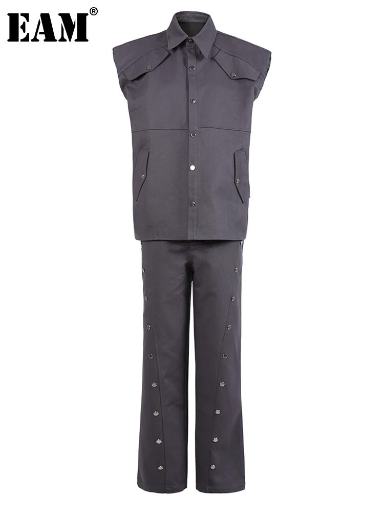 

[EAM] Gray Vest Pocket Big Size Long Wide Leg Pants Two Piece Suit New Lapel Women Fashion Tide Spring Autumn 2023 1DH1468