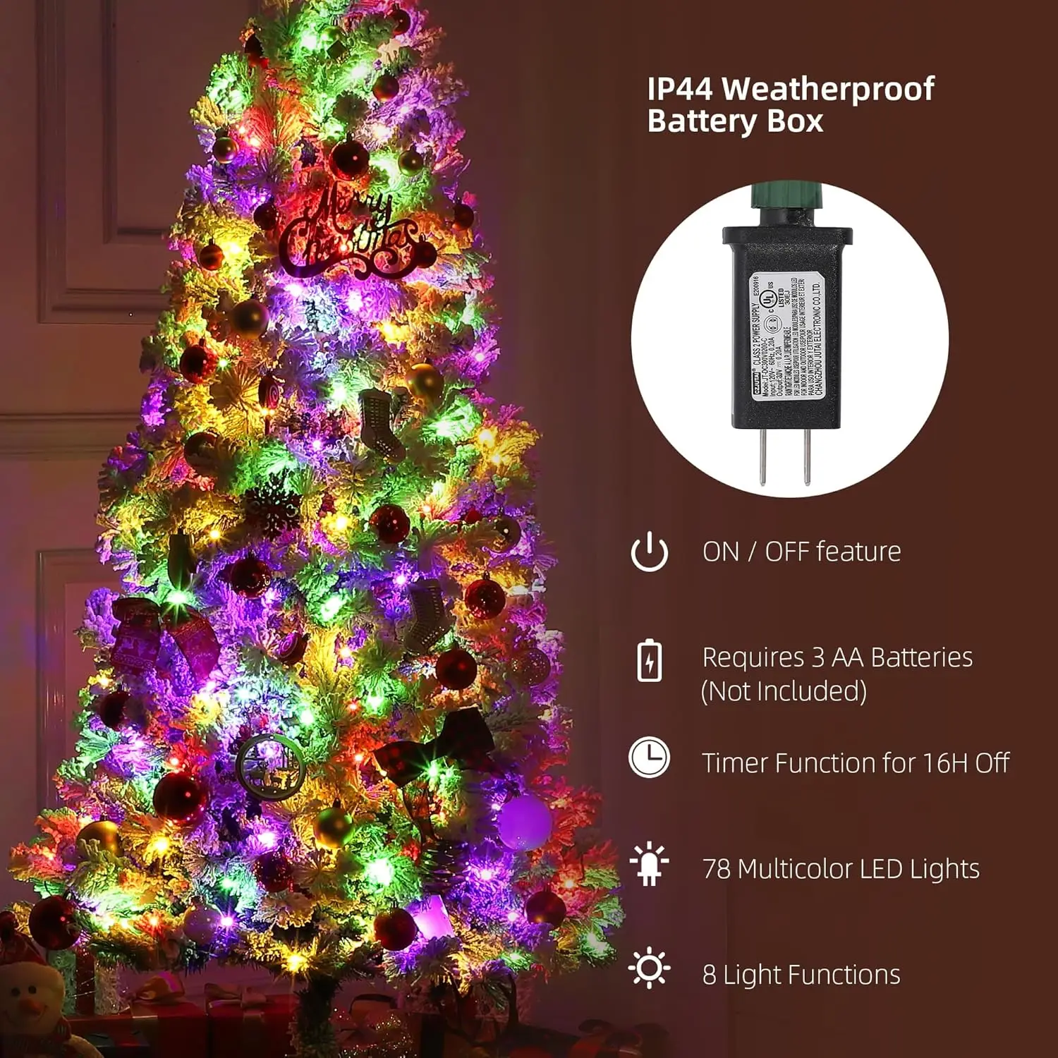 6FT–7.5FT Pre-Lit Snow Flocked Christmas Tree with 300 Multicolor LED Lights & 8 Lighting Modes – Foldable Metal Stand for Home & Xmas Party Décor