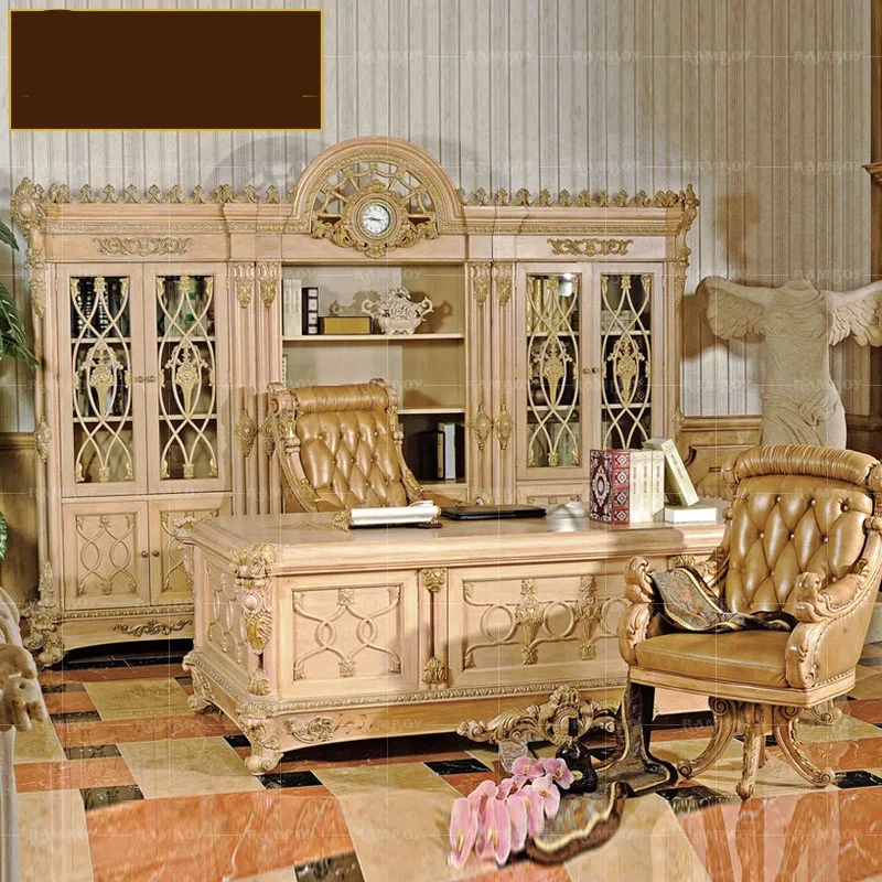 

Custom European Solid Wood Carving Desk French Luxury Study Desk High-end Villa Bookcase Combination