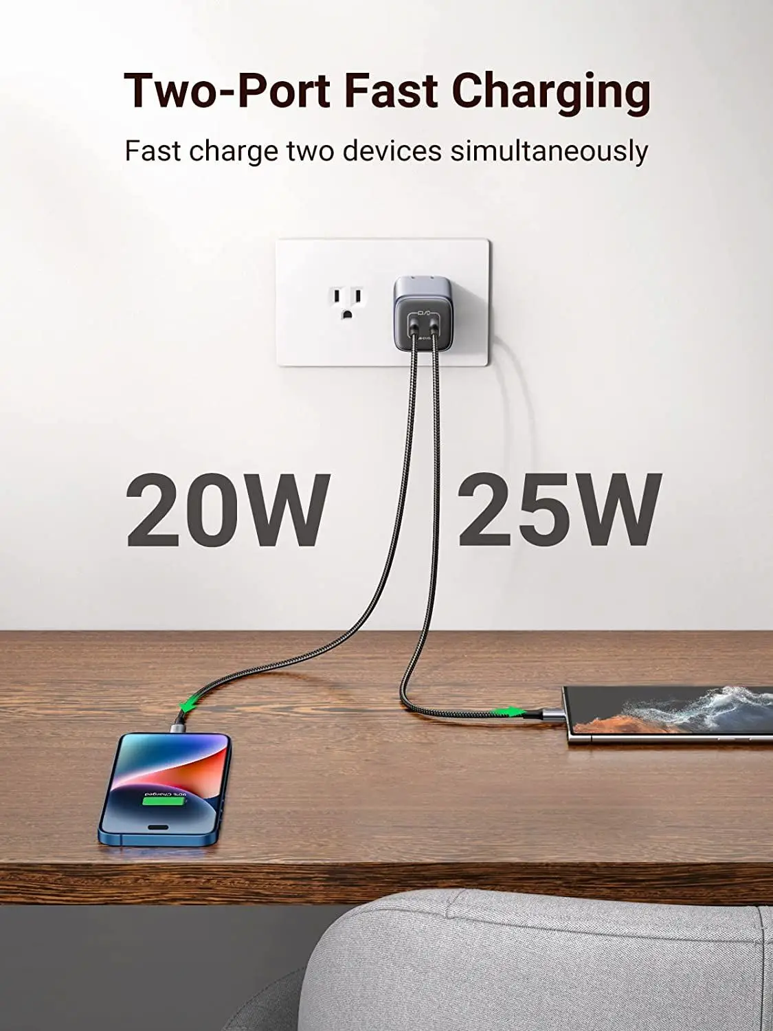 유그린 45W USB C GaN 벽면 충전기 PD 45W 듀얼 포트 고속 충전기 휴대용 충전 어댑터