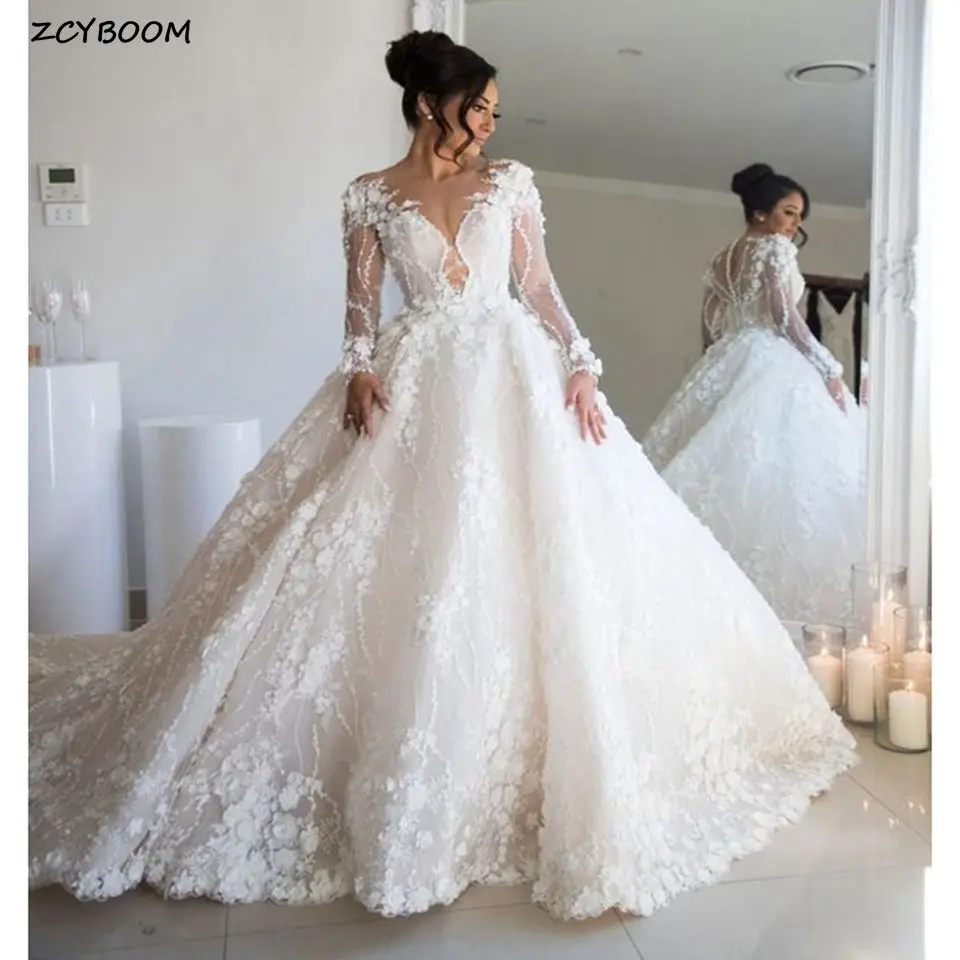 

Luxury Lace Appliqued Wedding Dresses 2023 Elegant 3D Flowers Beaded Bridal Gowns Long Sleeves Marriage Dress Vestidos De Novia