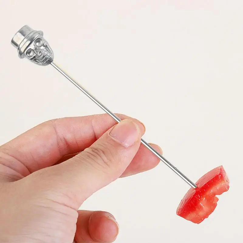 Cocktail Skewers 6pcs Cocktail Picks Skull Cocktail Picks Martini Stainless Steel Reusable Olive Garnish Skewer Silver Fruit