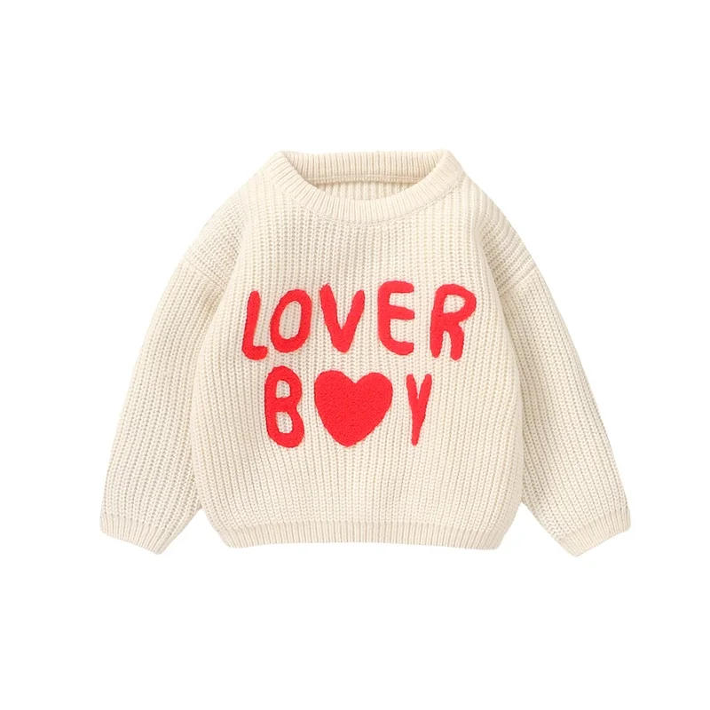 Baby Boy Jumper Knitted Sweaters Long Sleeve Round Neck Love Boy Heart Letter Embroidery Knit Pullovers Tops Knitwear