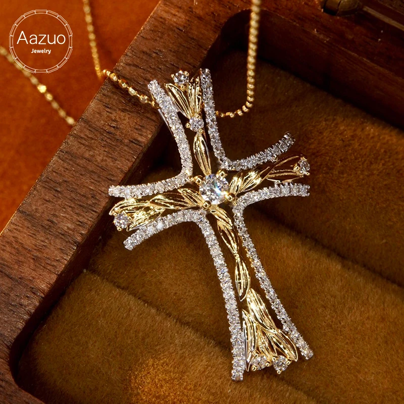 

Aazuo 18K Pure Yellow Gold Real Natrual Diamond Classic Cross Pendent With Chain Necklace Gift For Women Wedding Engagemet Party