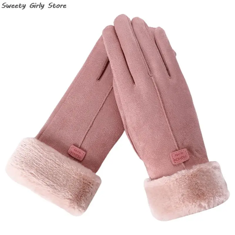 

Waterproof Suede Ladies Gloves Fur Inside Cold Protection Mittens Elegant Women Wedding Party Guantes Fashion Plush Warm Gloves