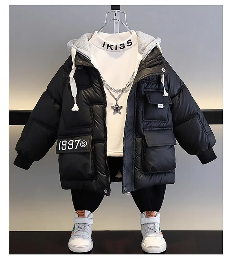 

Winter boys' plush and thickened children's cotton clothes filled and thickened new fashion hooded jacket baby casual wear 2-15Y