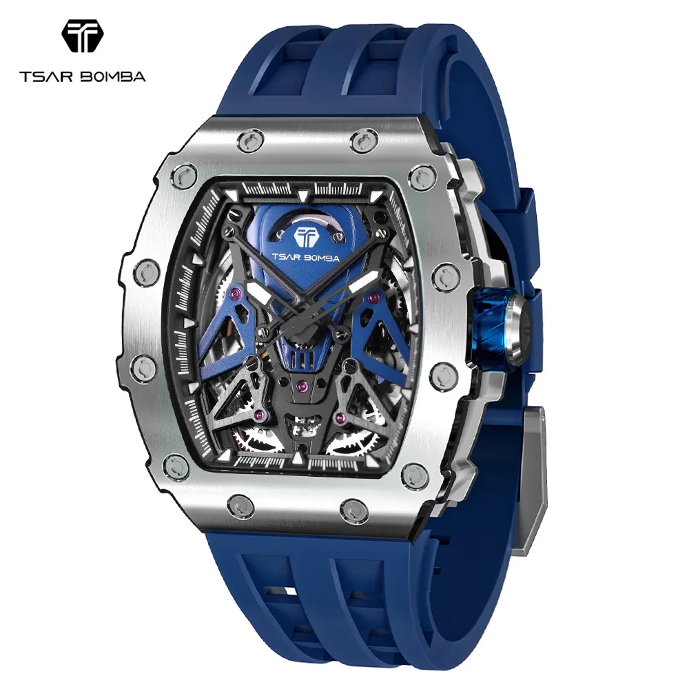 

TSAR BOMBA Luxury Automatic Mens Watch Japan MIYOTA Movement 50M Waterproof Hollow Tonneau Wristwatch Mechanical Watch for Men